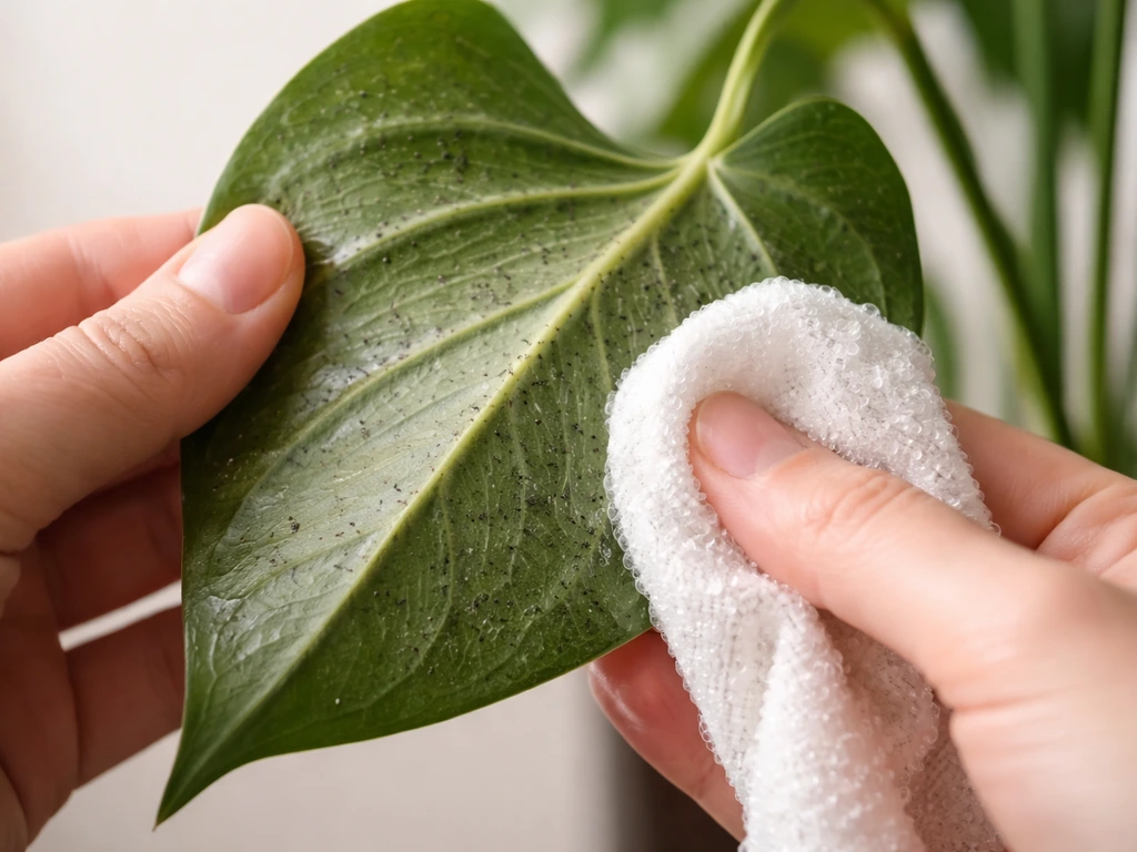 Close-up of a plant leaf with faint spider-mite webbing and specks while a damp cloth applies mild soap.