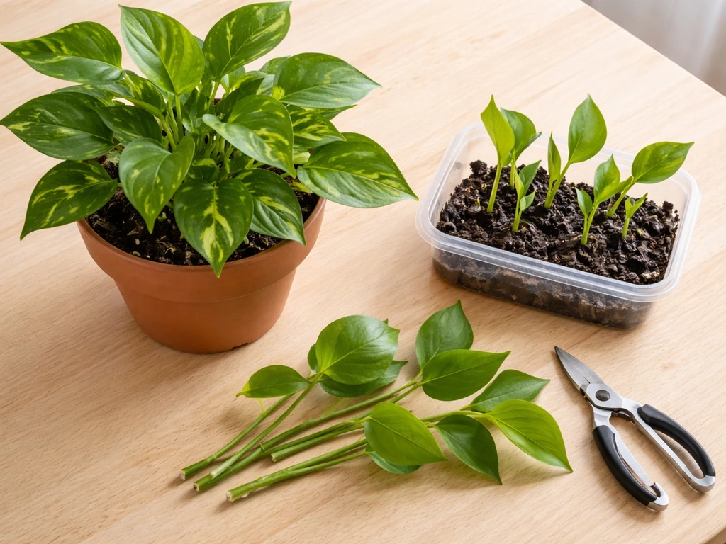 Top-down view of a healthy potted plant with prepared cuttings and a small rooting container
