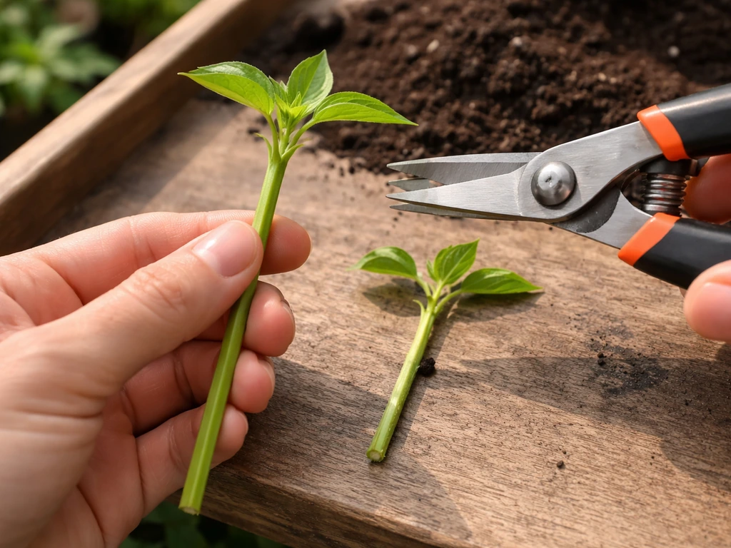 Close-up of pruners cutting a healthy stem tip, showing a correctly sized cutting length.
