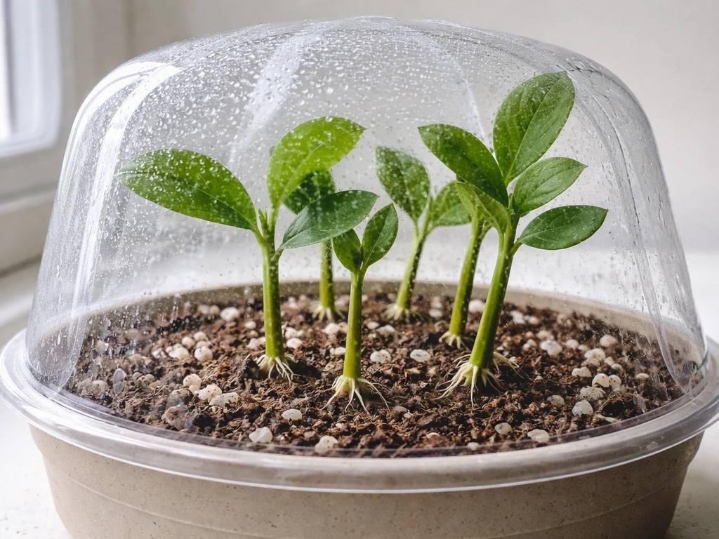 Plant cuttings under a clear humidity dome in bright indirect light, misted with fresh rooting.