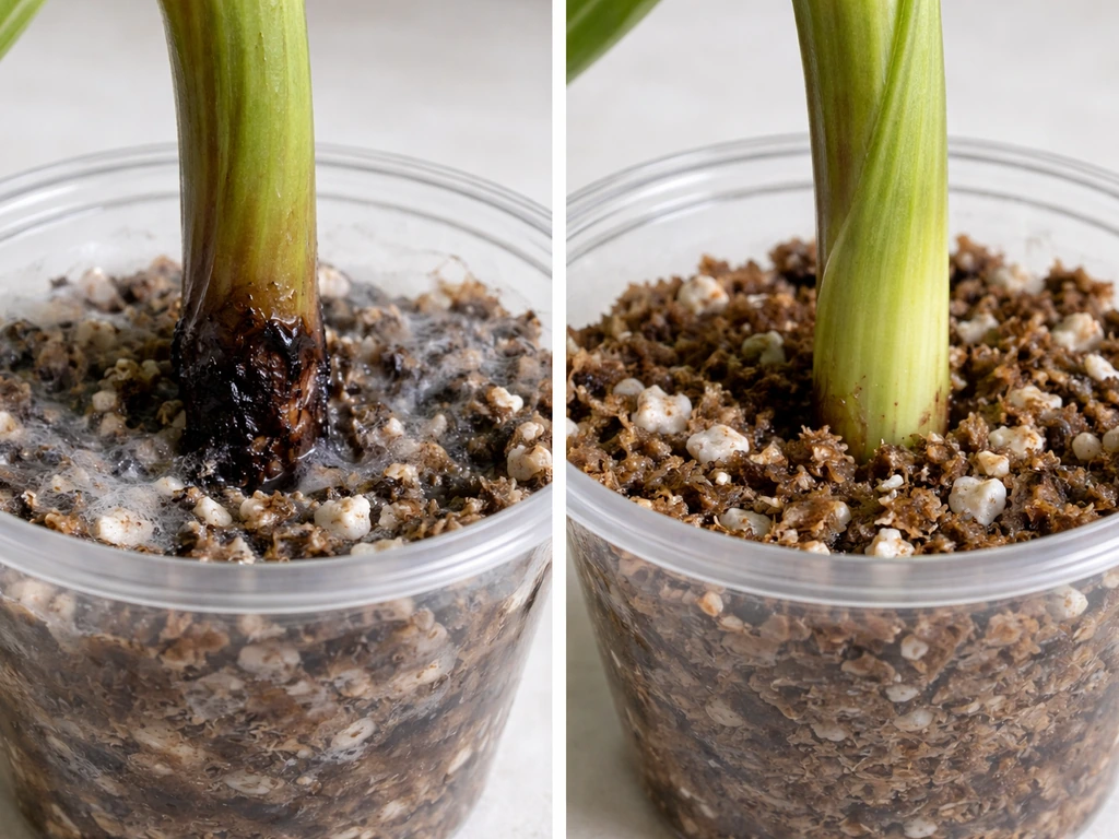 Split image: rotting, moldy cutting base on the left vs firm, healthy cutting base on the right.