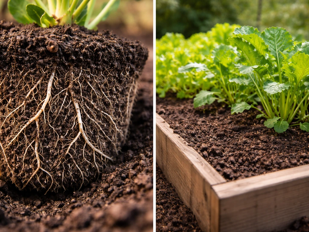 Healthy plant roots in rich crumbly dark soil beside a small garden bed with thriving plants