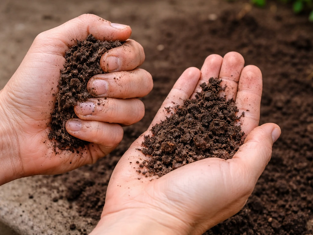 Close-up of hands squeezing moist soil, soil clumps crumbling as the fist opens.