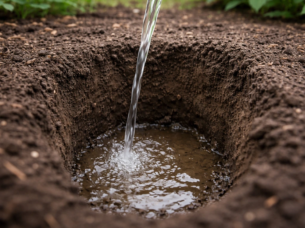 Water being poured into a dug garden test hole, with a shallow ring of soil and draining water.