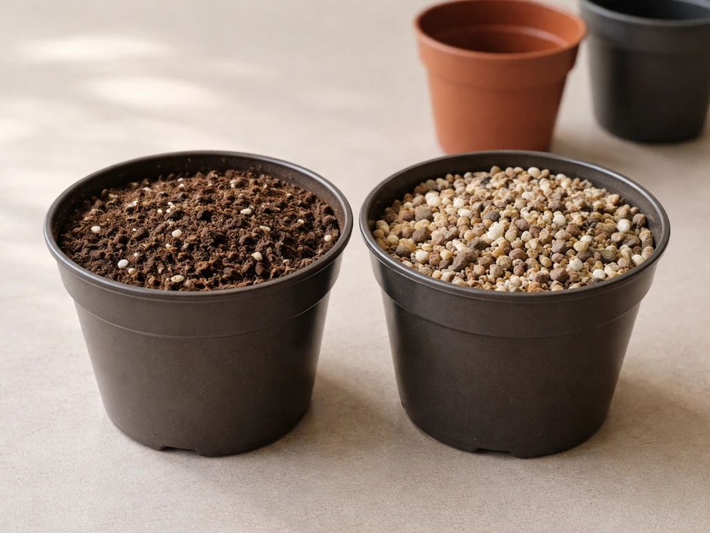 Two side-by-side containers of different potting mixes: general-purpose soil vs gritty succulent/cactus mix.