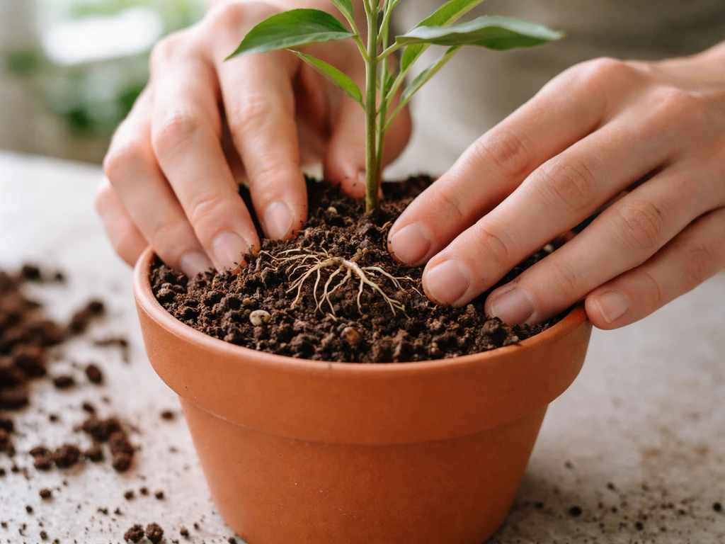 Hands gently placing plant roots in a terracotta pot with fresh soil, lightly pressing to avoid air pockets.