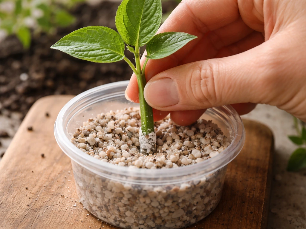 Hand inserts a fresh plant cutting into moist rooting medium in a small container, close-up.