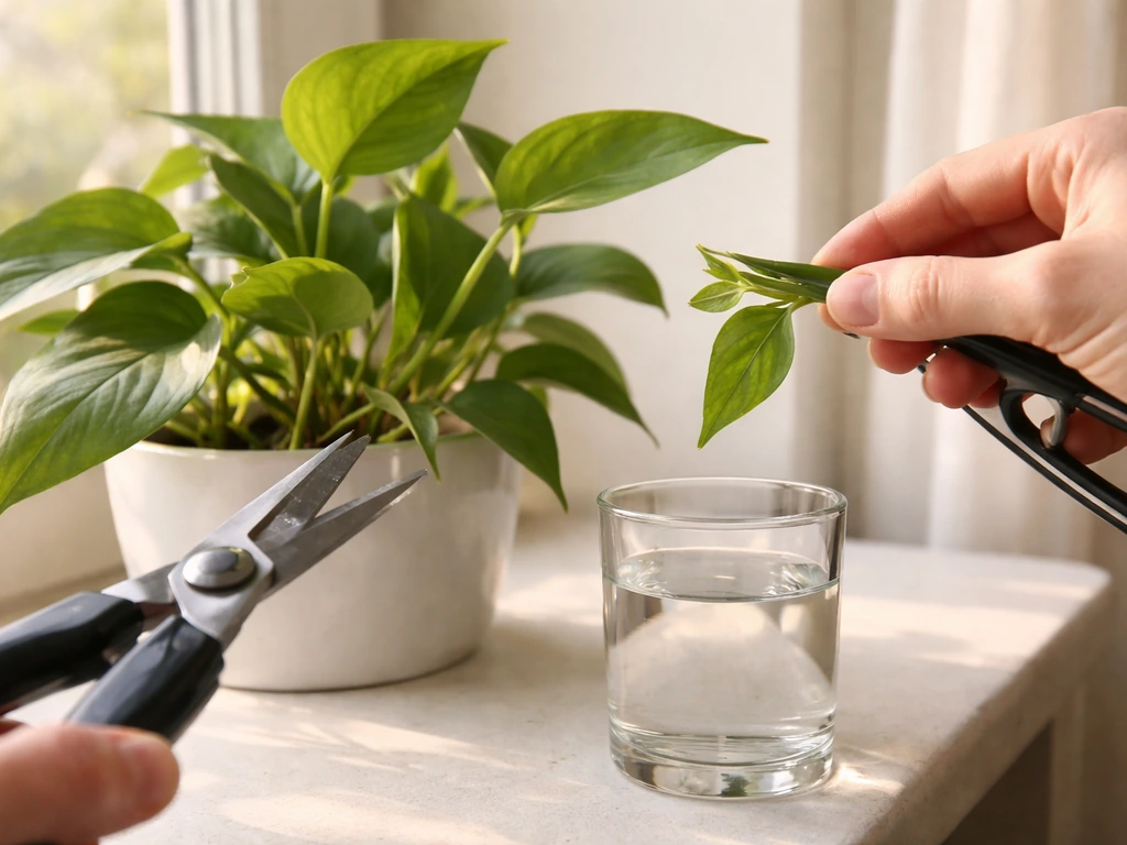 Morning stem-tip cutting being snipped from a healthy houseplant near a node, clean cut, soft natural light.