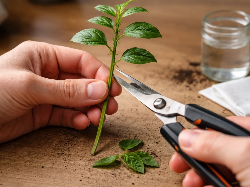 Close-up of hands trimming plant cuttings with clean scissors on a simple potting surface.