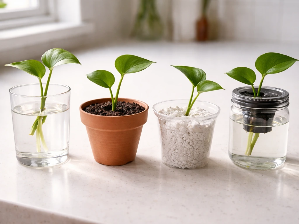 Four simple plant rooting setups side by side: water cup, soil pot, perlite container, and hydroponic-style jar.