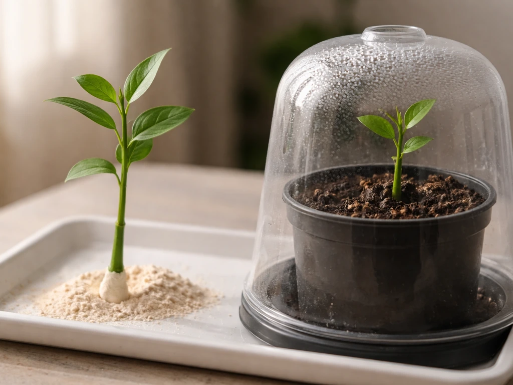 Close-up of a cleaned plant cutting dipped in rooting hormone, inserted in soil, covered with a clear dome.