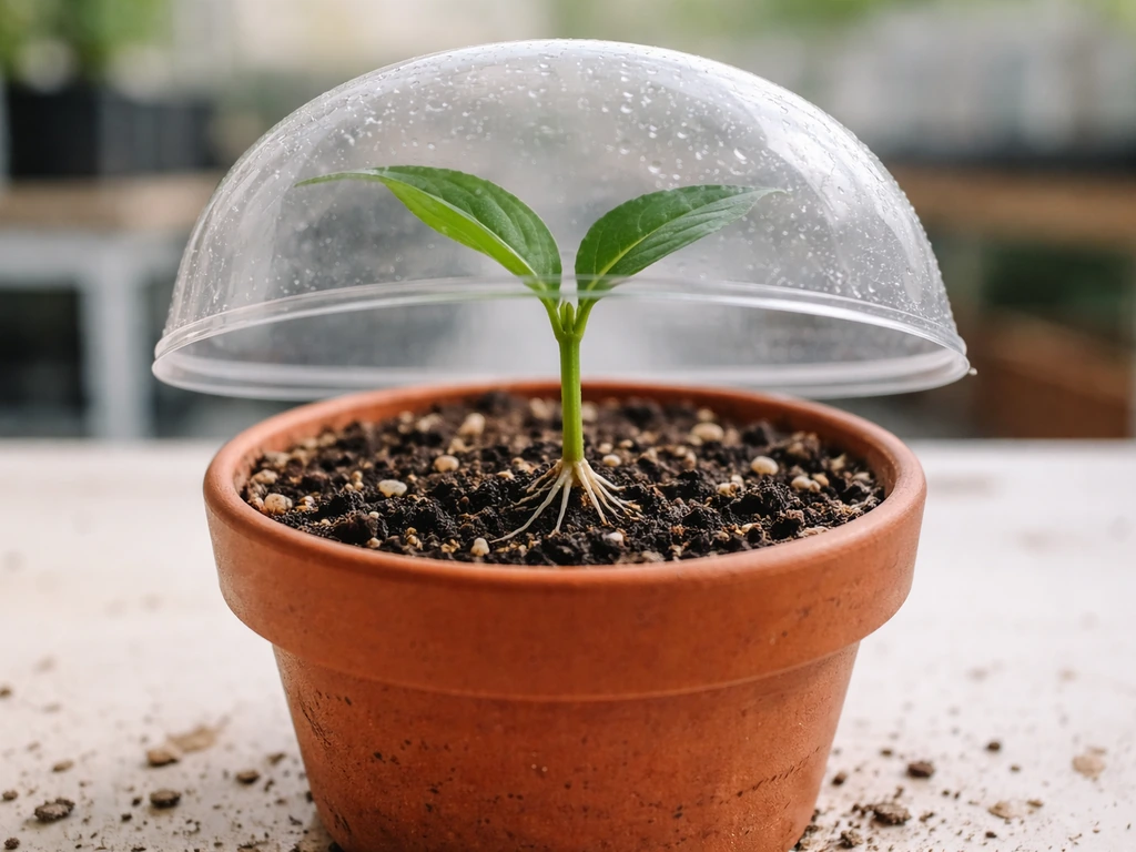 Rooted plant cutting in small pot with new roots visible near base, dome lifted slightly during acclimation.