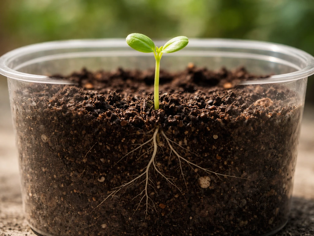 Close-up of a seedling sprout emerging from moist soil with visible roots in soft natural light.