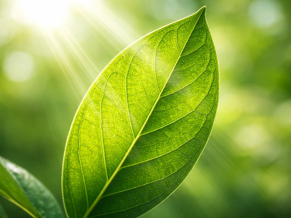 Macro close-up of a green plant leaf with sunrays highlighting its surface and light absorption.