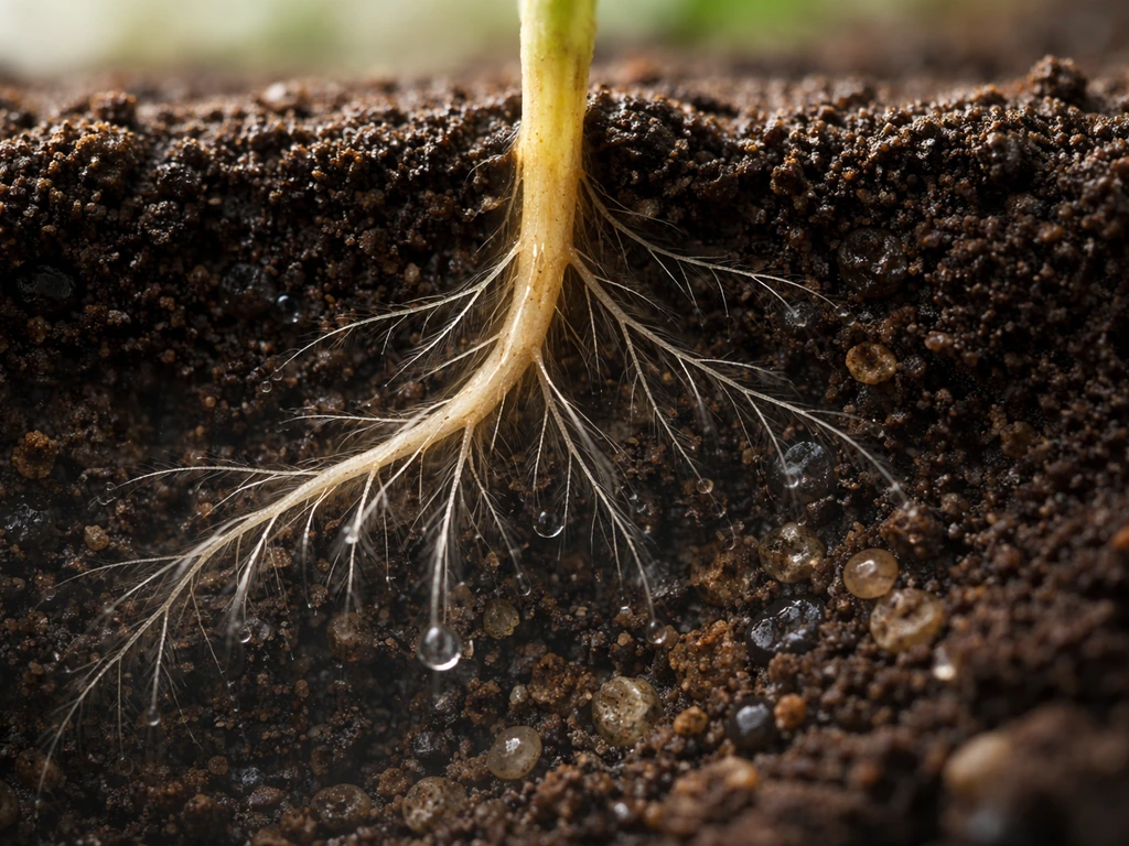 Moist soil cutaway with root hairs contacting damp medium to show water and nutrient uptake.