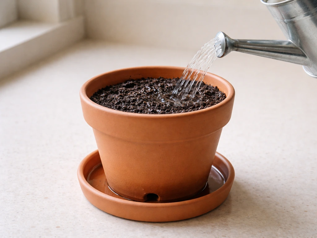Terracotta pot with drainage hole, prepared potting mix, and a gentle watering stream over a saucer.