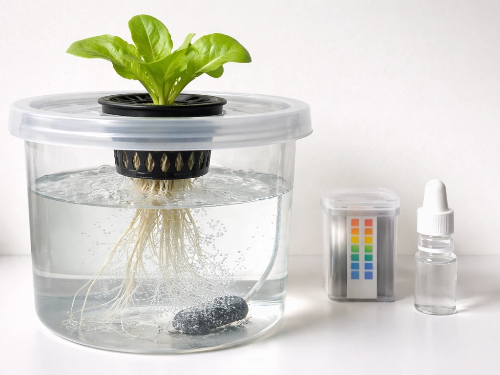 Close-up of a seedling with clean hydroponic roots in clear nutrient solution, plus nearby pH testing tools.