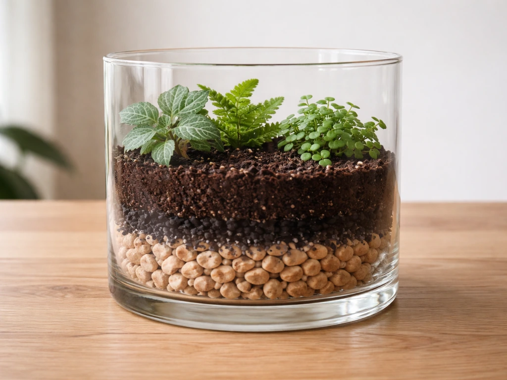 Close-up of clear terrarium layers showing LECA pebbles, charcoal, and soil with small plants