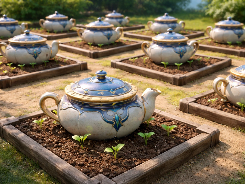 Serenitea Pot garden with teapot planters and small fresh sprouts in early growth stage