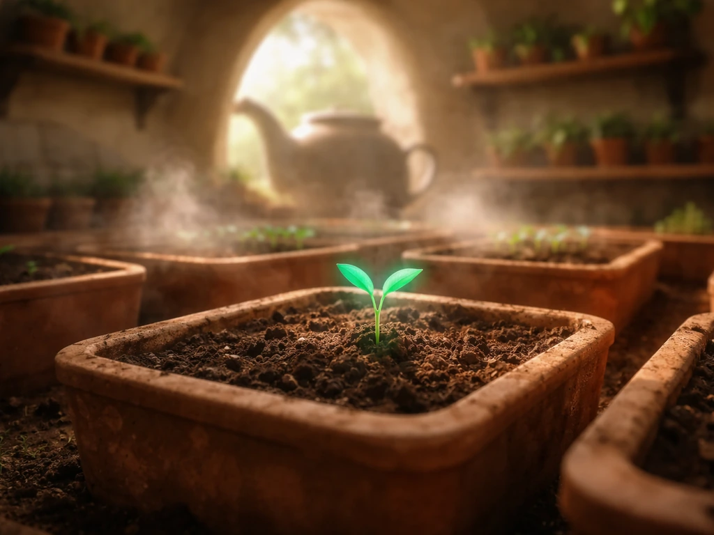 Teapot-like greenhouse planters with a single teal sprout growing from fresh soil, no people.