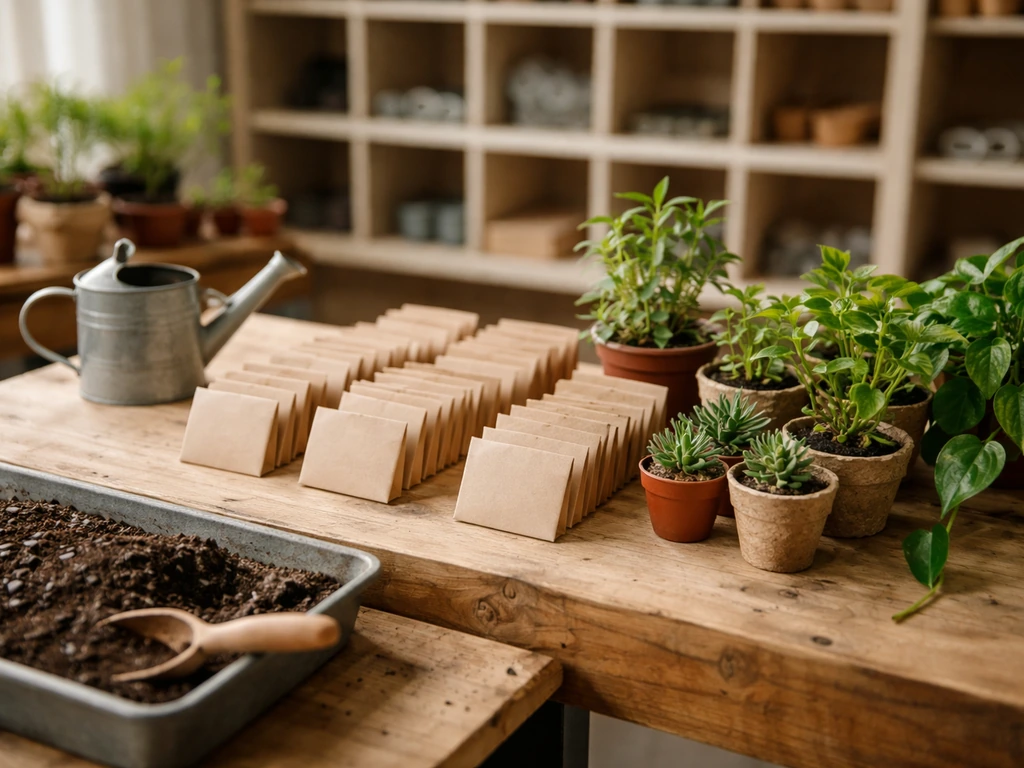 Seed dispensary bench with small potted seedlings and seed packets, neatly arranged, bright natural light.