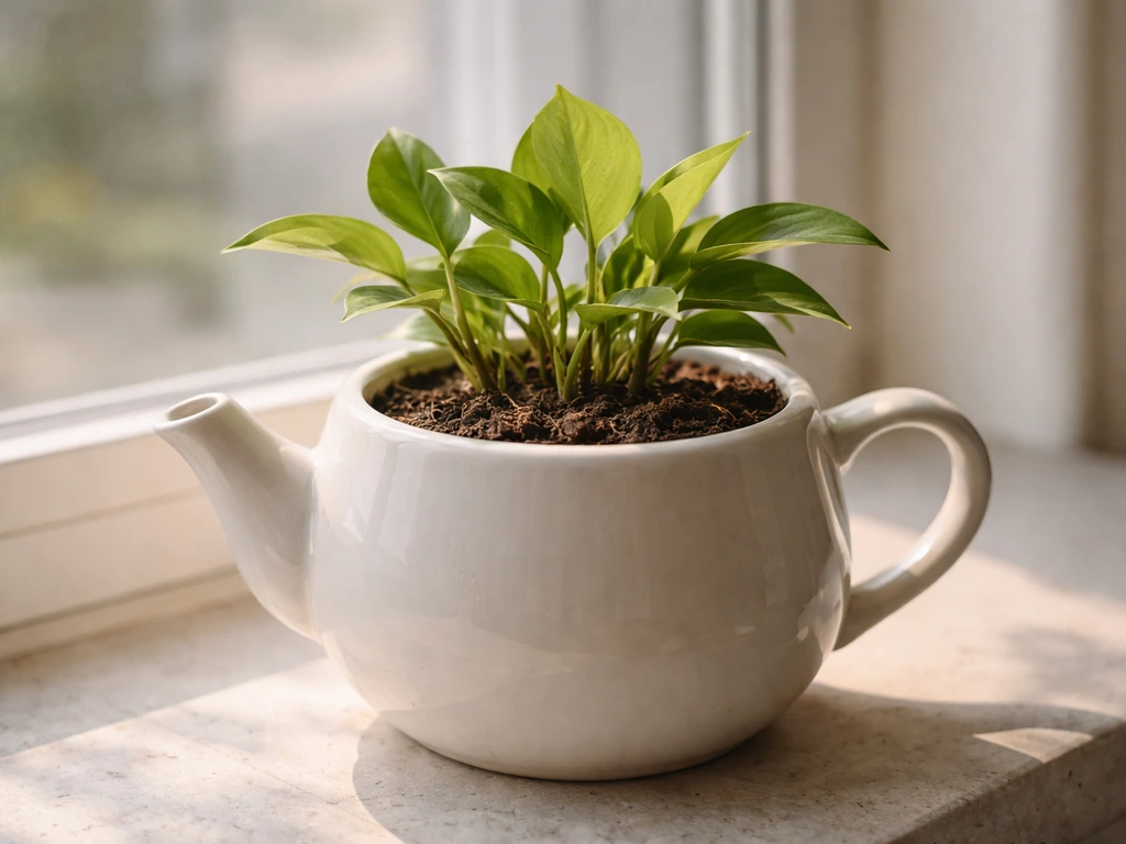 Close-up of a teapot-style plant planter by a window, dry soil in front and healthy growth in light.