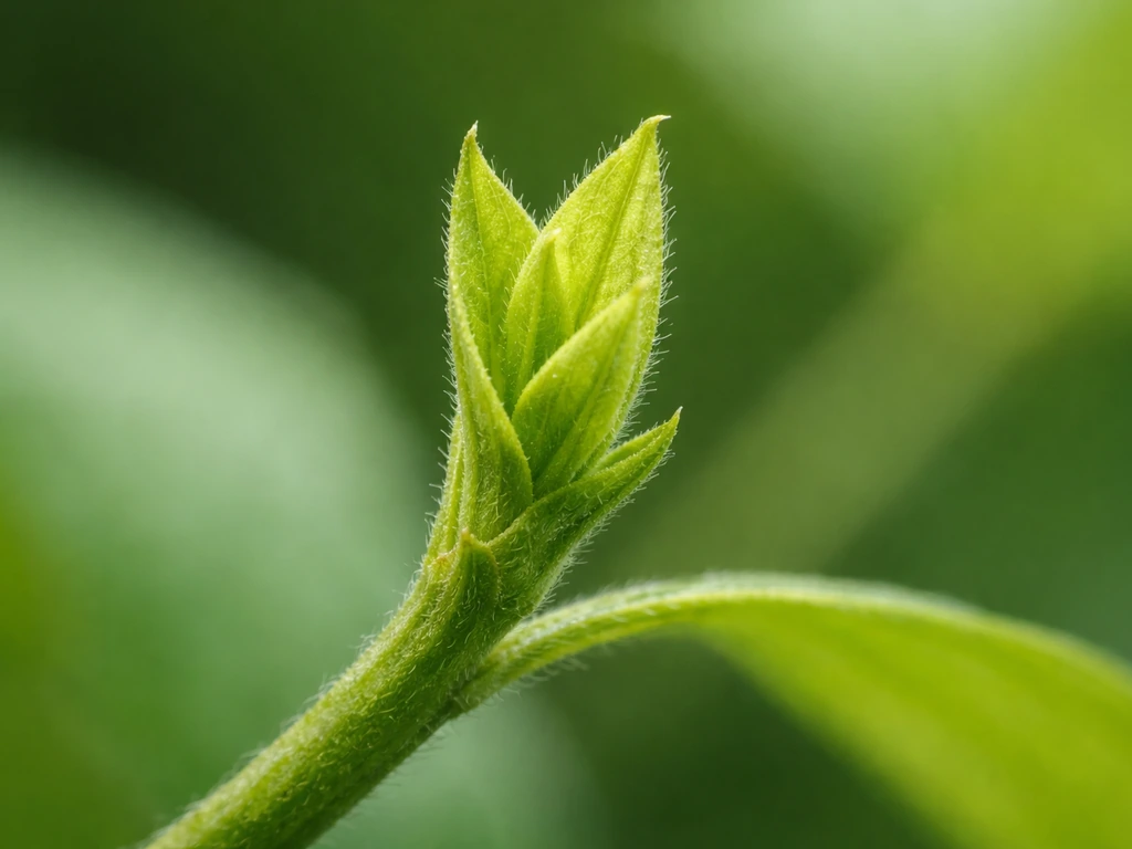 Close-up of a plant shoot tip with a leaf bud unfolding from the stem, showing new growth.