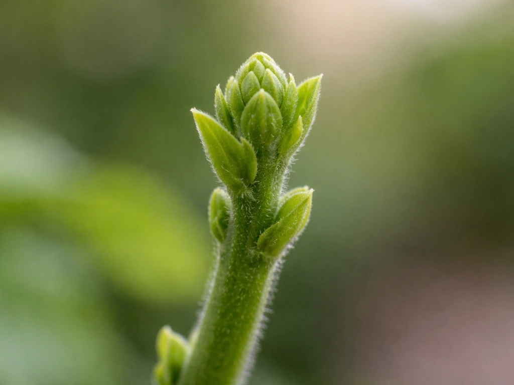 Close-up of a plant stem tip showing emerging leaf primordia and side bud points like axillary meristems