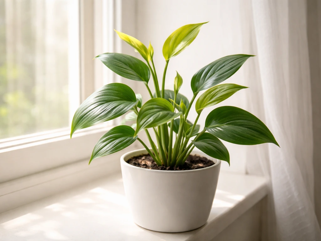Indoor houseplant near a bright window with visible new leaf growth reaching toward light