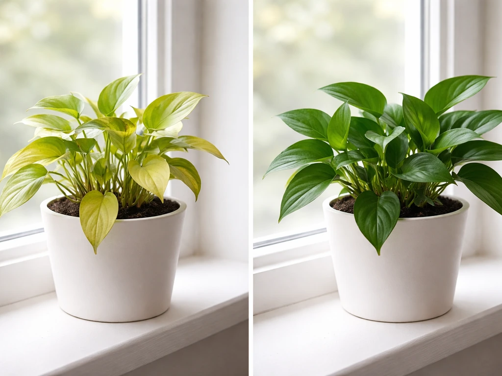Two potted plants side-by-side: pale, slow leaves on one; dark green vigorous new growth on the other.
