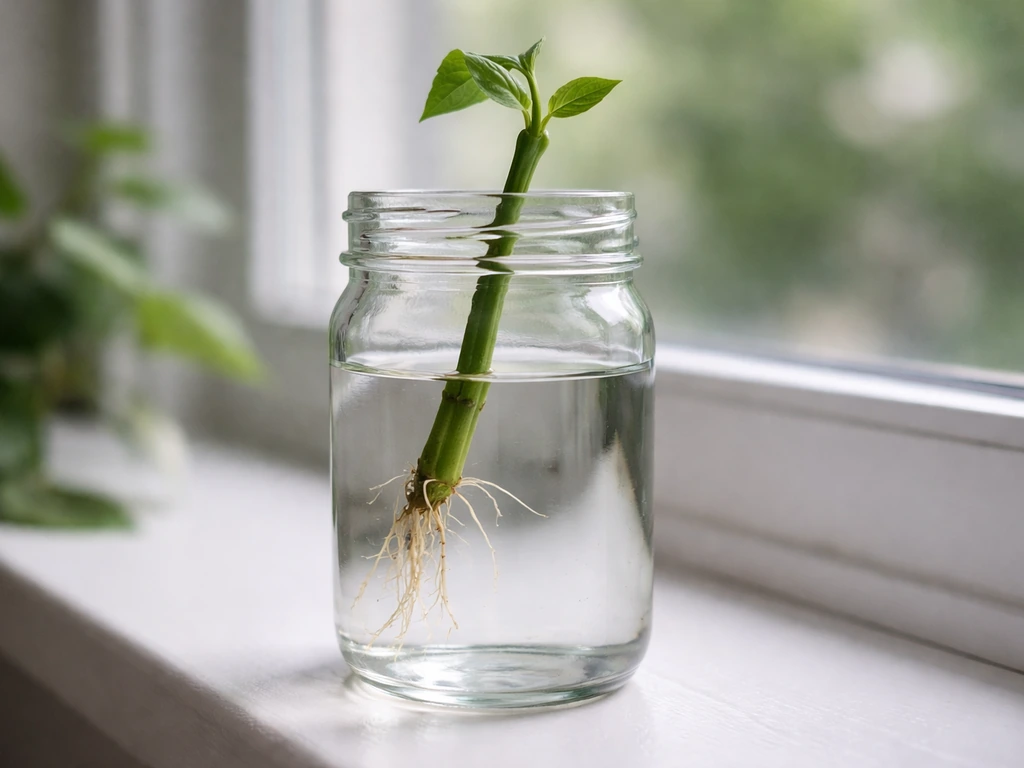 Plant cutting in a clear jar of water showing fresh roots and a small new leaf emerging.