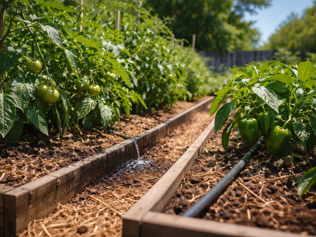 Sunlit raised vegetable beds with mulched soil, tomato and pepper plants, and drip irrigation watering setup.