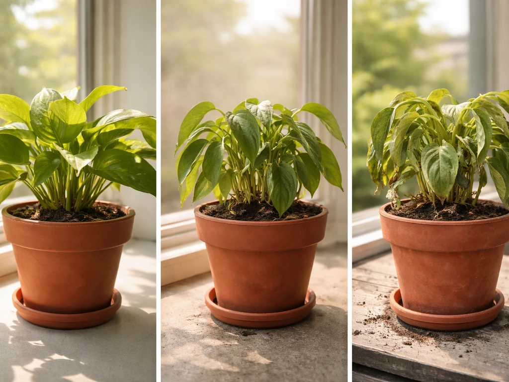 Three mini-scenes of a potted plant under bright sun, hot/dry air, and overheated dry soil.