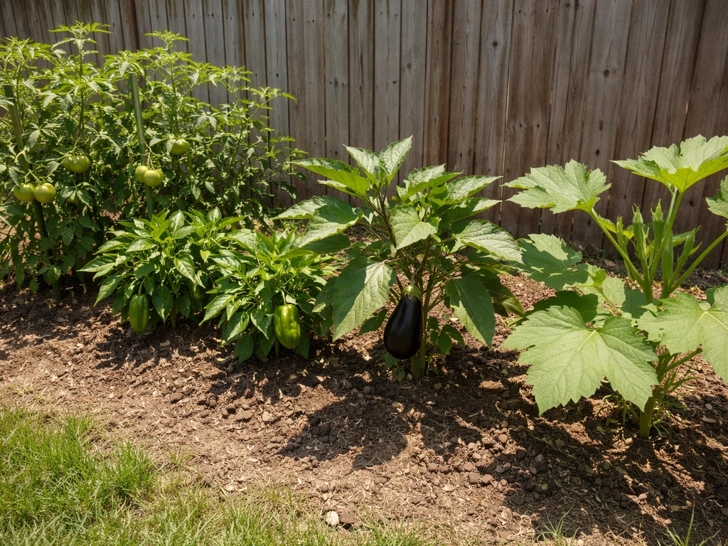 Thriving warm-season vegetable plants in full sun—tomatoes, peppers, eggplant, and okra in a simple garden bed.