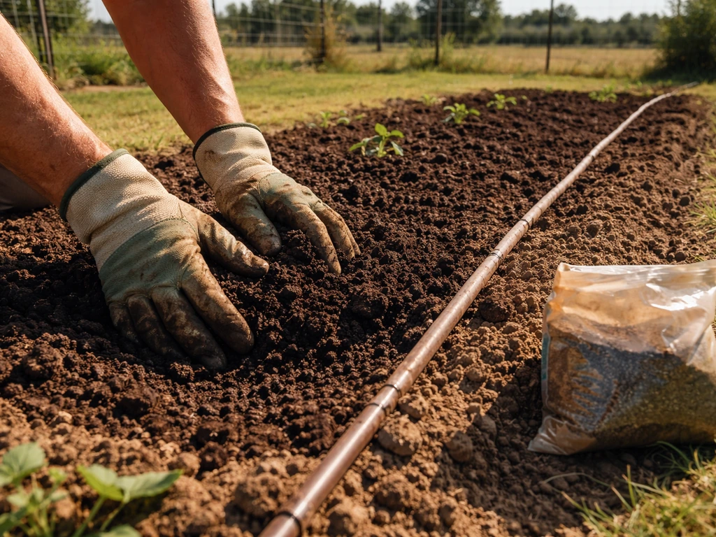 Gloved hands mixing compost into a prepared in-ground garden bed with irrigation hose nearby.