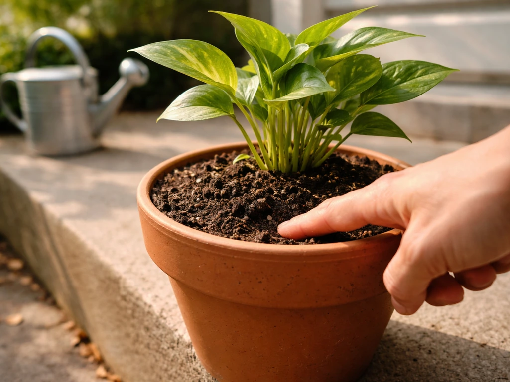 Hand performing the finger test in a potted plant’s soil, watering can in soft background light.