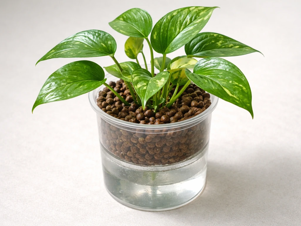 Thriving pothos in semi-hydro pon with clear reservoir and clean LECA-like medium visible