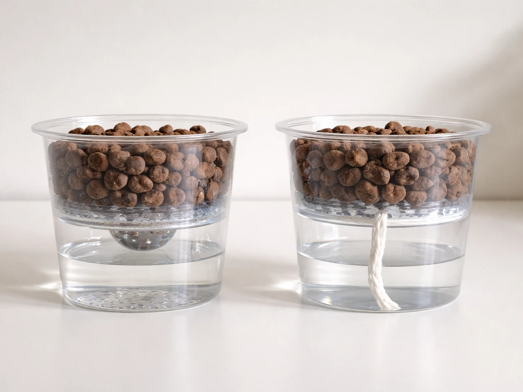 Two simple setup bowls showing semi-hydro reservoir and wick-style aeration for pon cultivation