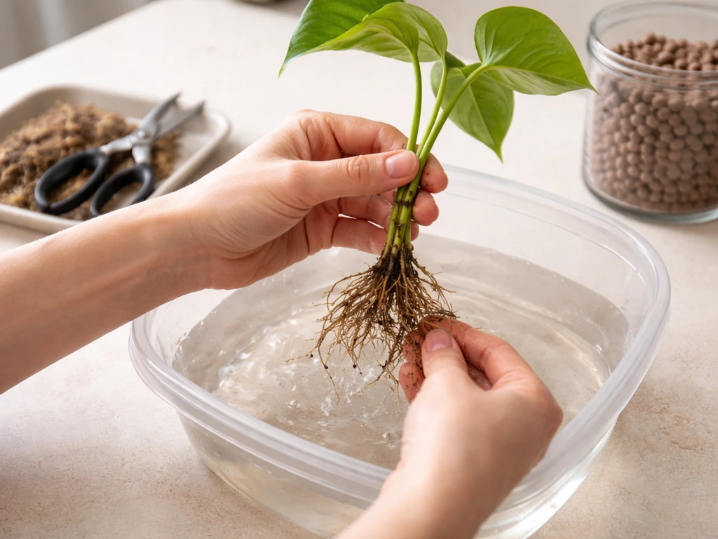 Hands rinsing soil off a pothos cutting roots, trimming damaged roots, placing stem into clean inert media