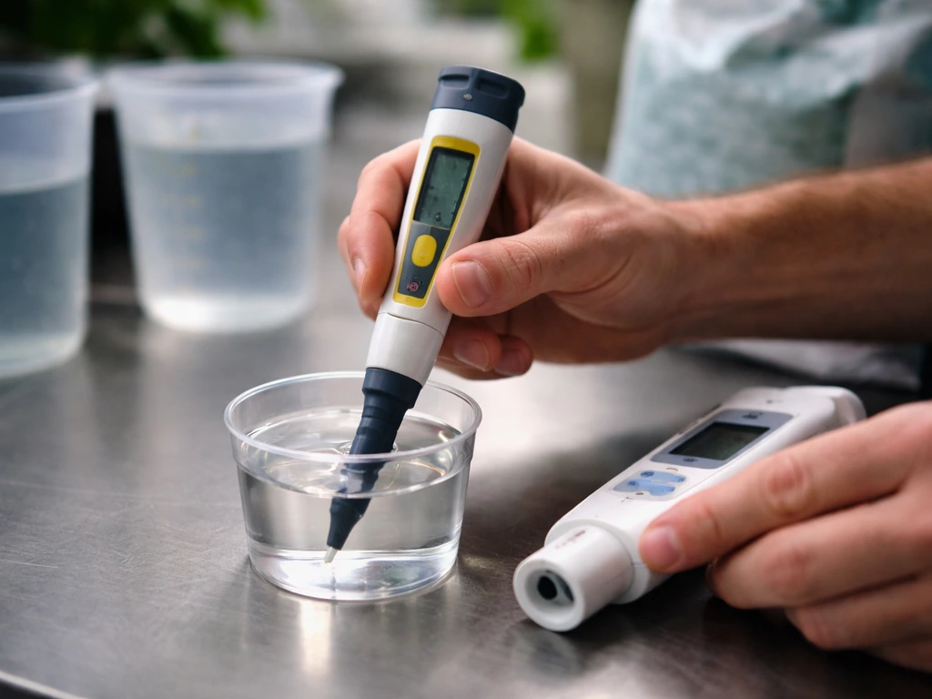 Hands testing pH and EC probes in a clear hydroponic nutrient solution before feeding plants.