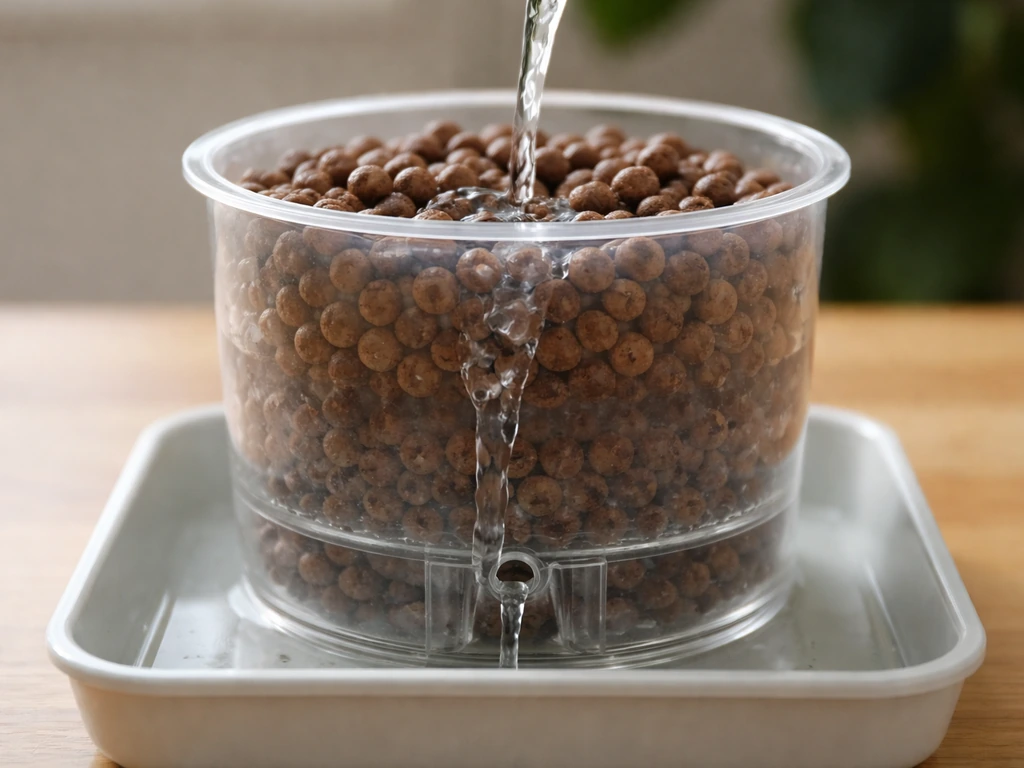 Close-up of pH-adjusted plain water slowly draining through LECA in a small planter.