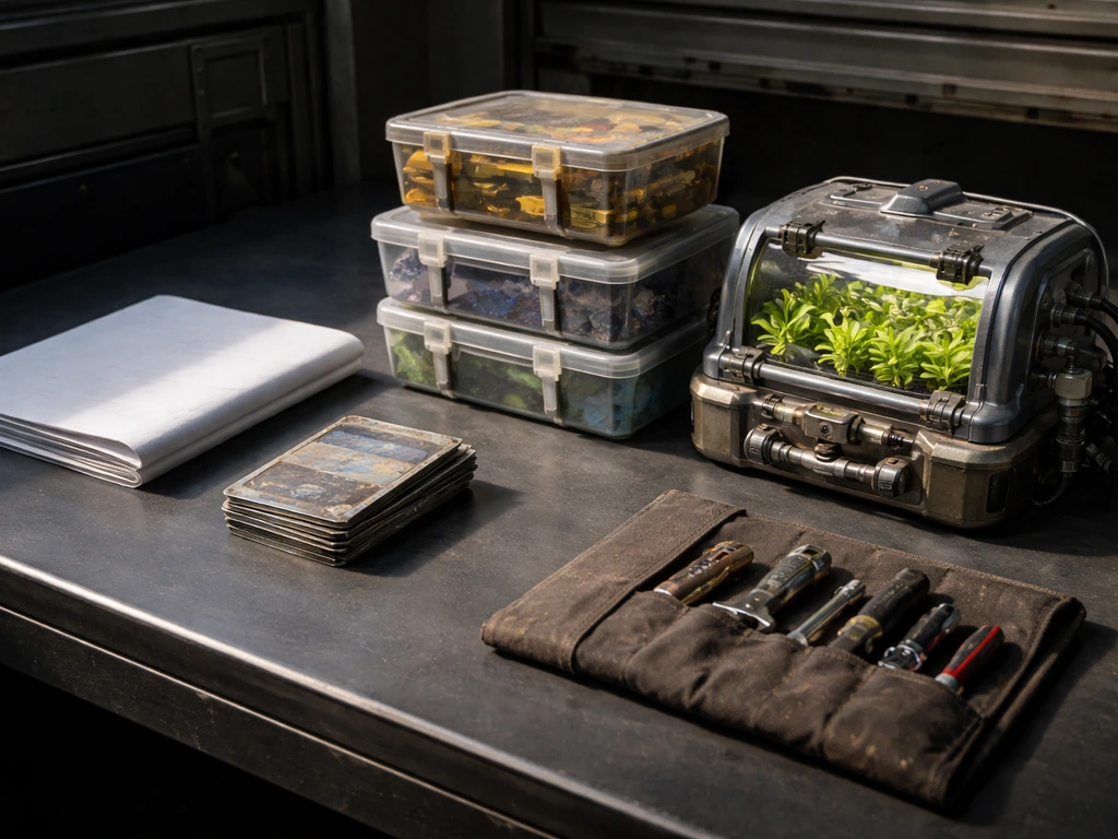 Tabletop view with a blank blueprint, generic salvaged items, materials containers, and grow components neatly arranged.