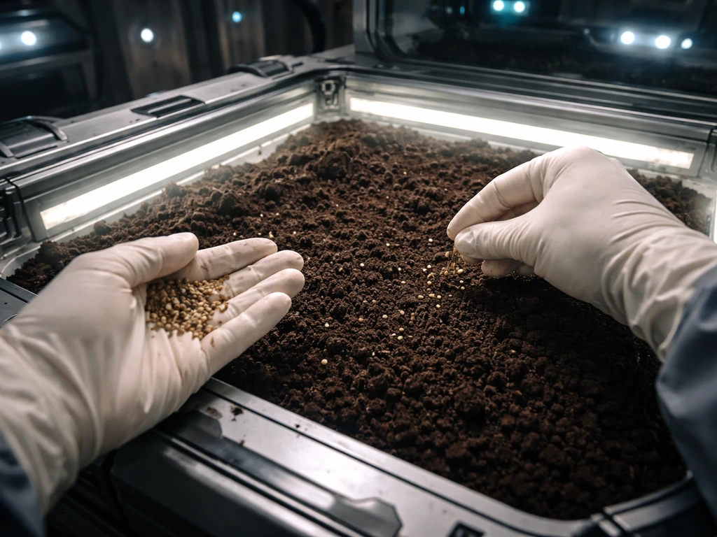 Gloved hands fill a lit planting bed with soil and seeds inside a cultivation chamber.