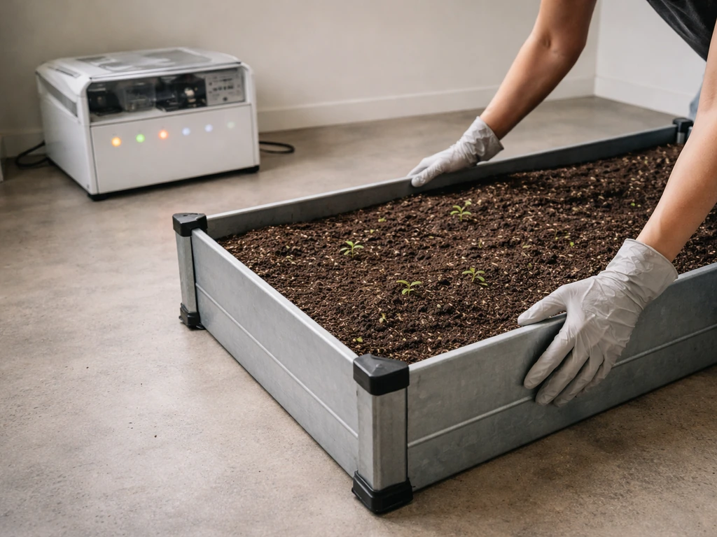 Gloved hands reposition a raised soil bed next to a small grow power unit in a minimal indoor grow room.