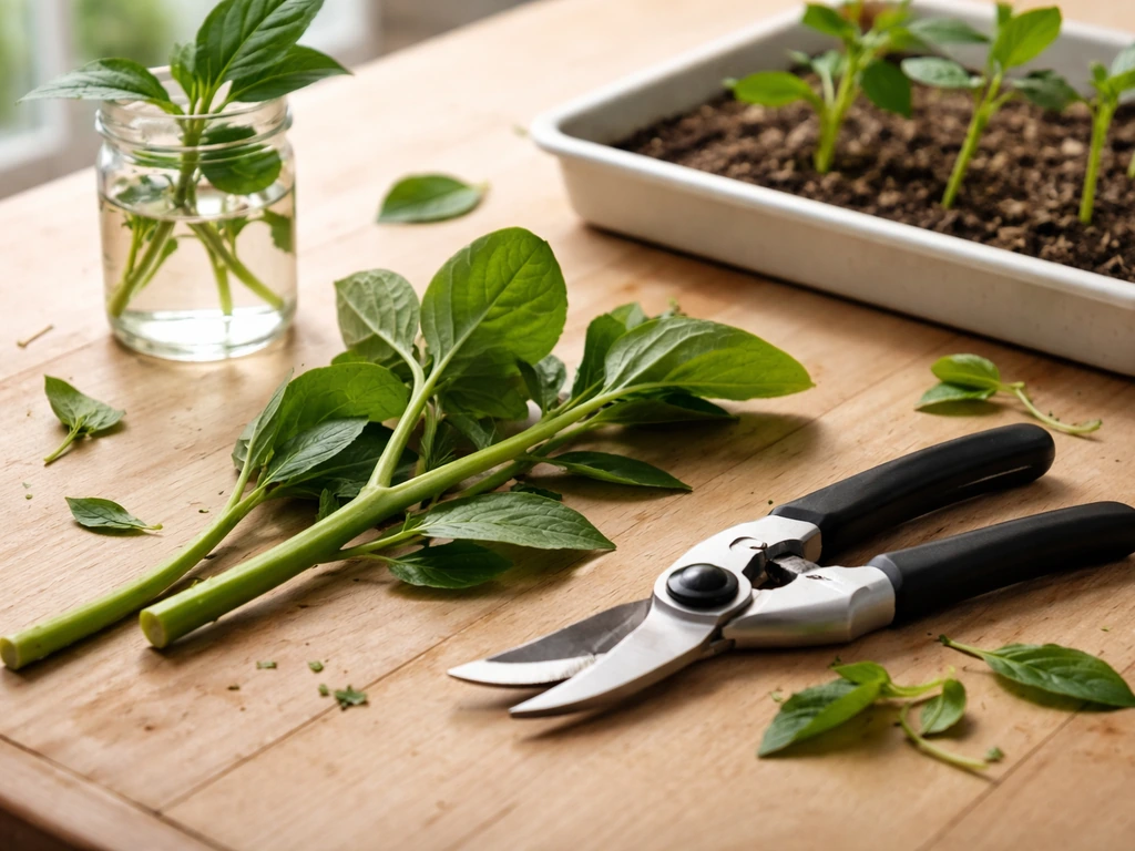 Pruning shears beside fresh plant cuttings on a wooden table with rooting jar and stems ready to propagate.