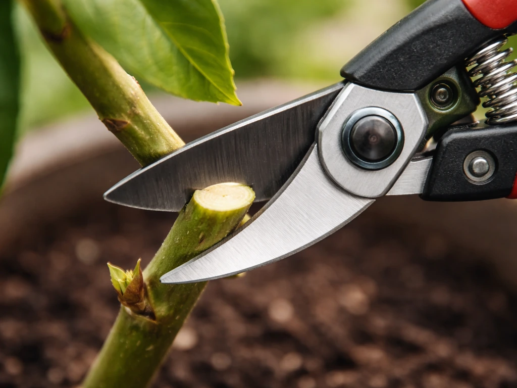Bypass pruners making a clean 45° cut just above a plant node on a potted stem.