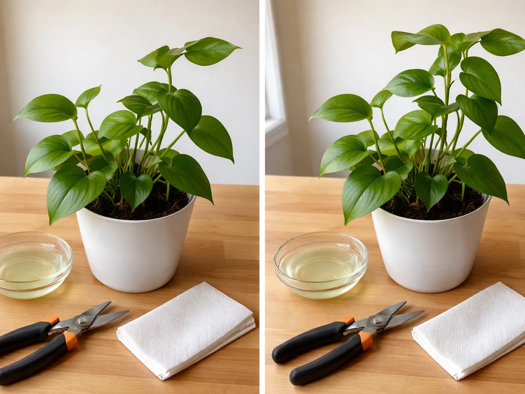 Potted basil or pothos showing trimmed shoot tip beside untouched growth, with shears and bleach solution nearby.