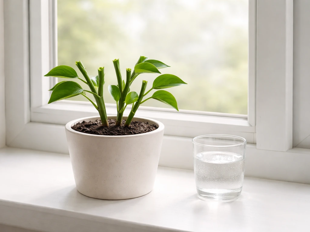 Pruned potted houseplant on a bright windowsill with moist soil and a small water glass nearby.