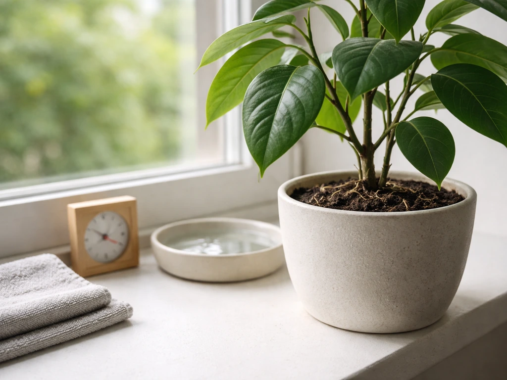 Indoor plant in a pot beside a small thermometer and watering tray, roots and soil visible.