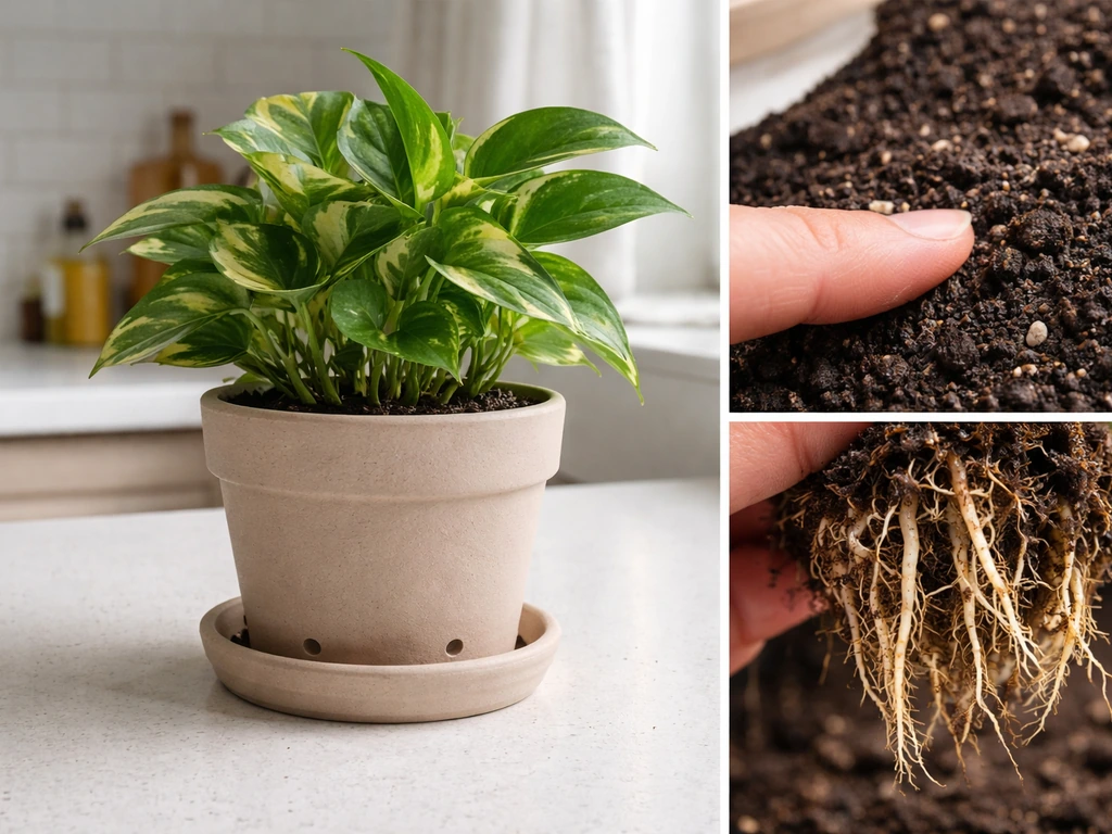 Houseplant pot with drainage holes and saucer; close-up shows soil moisture and healthy root look